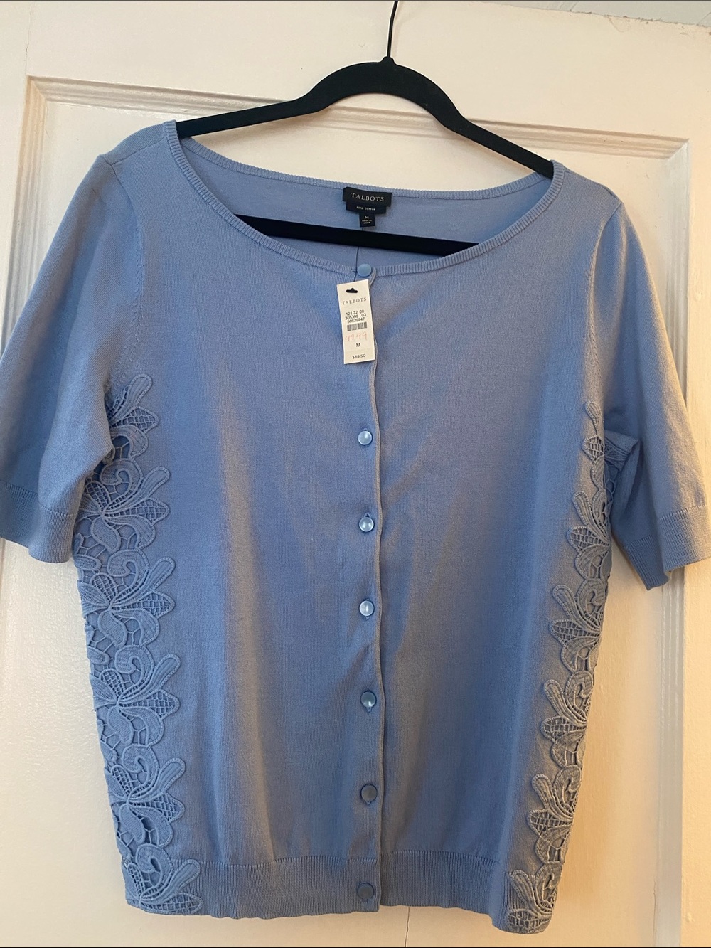 Talbots Light Lavender Blue Short-Sleeve Button Cardigan with Lace Sides